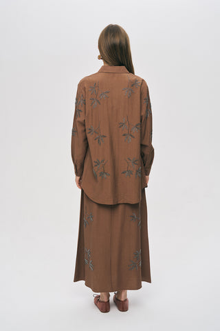 Kadın Yaprak İşlemeli Oversize Kesim Viskon Gömlek