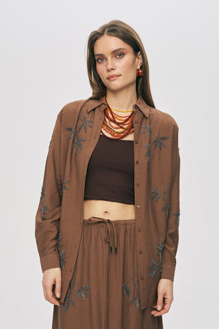 Kadın Yaprak İşlemeli Oversize Kesim Viskon Gömlek