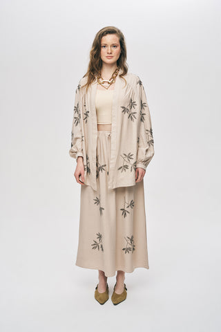 Kadın Yaprak İşlemeli Oversize Kesim Dökümlü Kimono