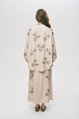 Kadın Yaprak İşlemeli Oversize Kesim Dökümlü Kimono