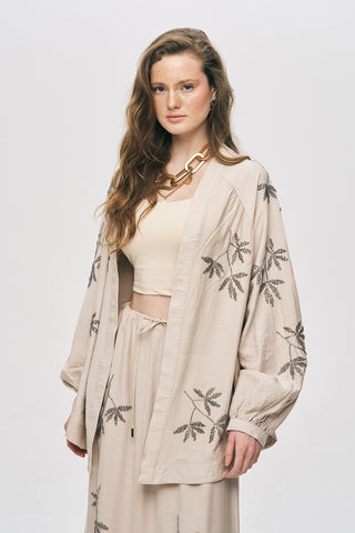 Kadın Yaprak İşlemeli Oversize Kesim Dökümlü Kimono