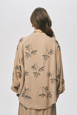 Kadın Yaprak İşlemeli Oversize Kesim Dökümlü Kimono