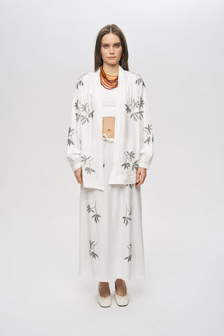 Kadın Yaprak İşlemeli Oversize Kesim Dökümlü Kimono