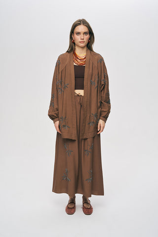 Kadın Yaprak İşlemeli Oversize Kesim Dökümlü Kimono