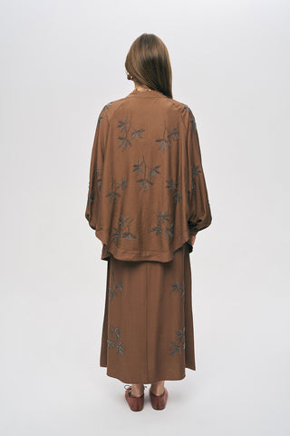 Kadın Yaprak İşlemeli Oversize Kesim Dökümlü Kimono