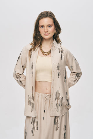 Kadın Glow Payet Ve Boncuk İşlemeli Viskon Oversize Gömlek