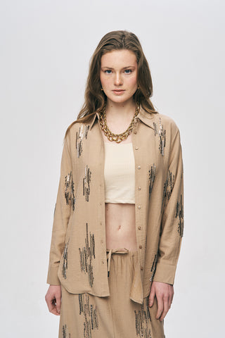 Kadın Glow Payet Ve Boncuk İşlemeli Viskon Oversize Gömlek