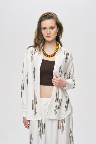 Kadın Glow Payet Ve Boncuk İşlemeli Viskon Oversize Gömlek