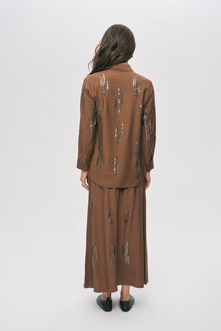 Kadın Glow Payet Ve Boncuk İşlemeli Viskon Oversize Gömlek