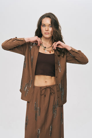 Kadın Glow Payet Ve Boncuk İşlemeli Viskon Oversize Gömlek