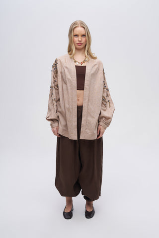 Kadın Kol Ve Sırtı İşlemeli Açık Kahve Kimono