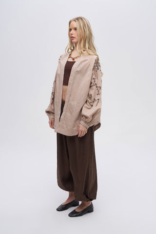 Kadın Kol Ve Sırtı İşlemeli Açık Kahve Kimono