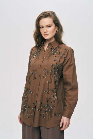 Kadın El İşçiliği Boncuklu ve Nakışlı Oversize Kesim Gömlek
