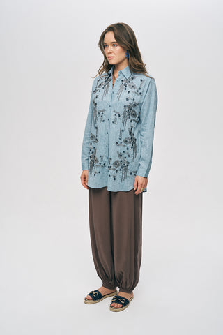 Kadın El İşçiliği Boncuklu ve Nakışlı Oversize Kesim Gömlek