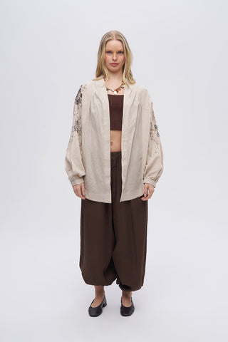 Kadın Çiçek Nakışlı ve Taş İşlemeli Oversize Kimono