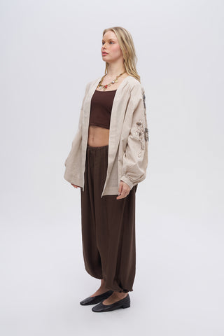 Kadın Çiçek Nakışlı ve Taş İşlemeli Oversize Kimono