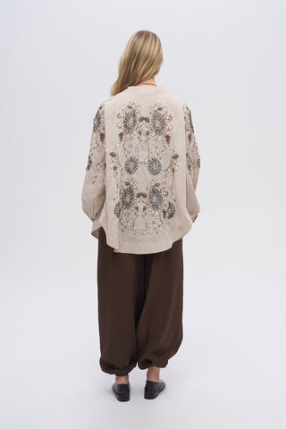Kadın Çiçek Nakışlı ve Taş İşlemeli Oversize Kimono