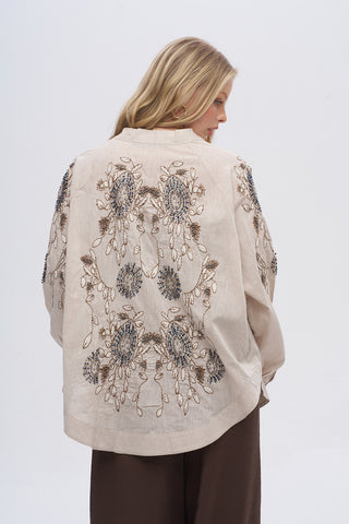 Kadın Çiçek Nakışlı ve Taş İşlemeli Oversize Kimono