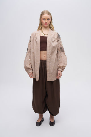 Kadın Çiçek Nakışlı ve Taş İşlemeli Oversize Kimono