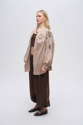 Kadın Çiçek Nakışlı ve Taş İşlemeli Oversize Kimono