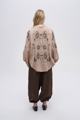 Kadın Çiçek Nakışlı ve Taş İşlemeli Oversize Kimono