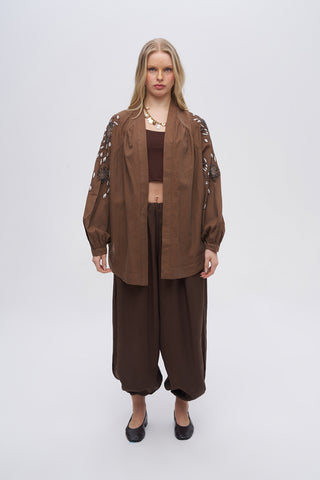 Kadın Çiçek Nakışlı ve Taş İşlemeli Oversize Kimono