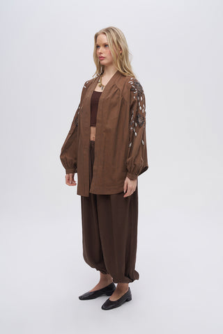 Kadın Çiçek Nakışlı ve Taş İşlemeli Oversize Kimono