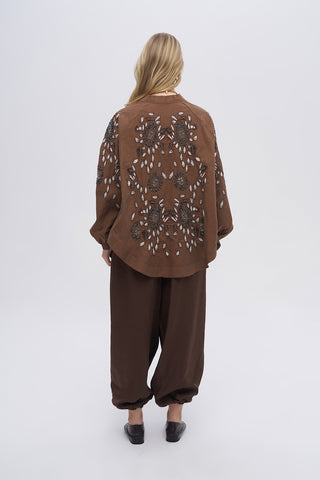 Kadın Çiçek Nakışlı ve Taş İşlemeli Oversize Kimono