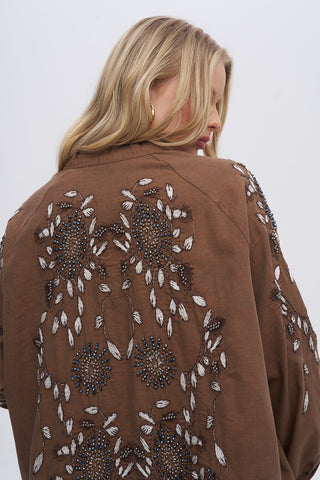 Kadın Çiçek Nakışlı ve Taş İşlemeli Oversize Kimono