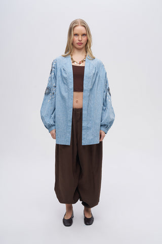 Kadın Çiçek Nakışlı ve Taş İşlemeli Oversize Kimono