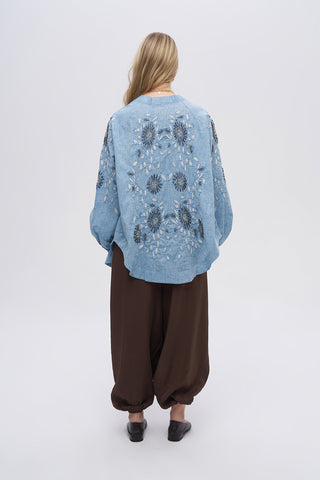 Kadın Çiçek Nakışlı ve Taş İşlemeli Oversize Kimono