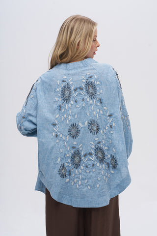 Kadın Çiçek Nakışlı ve Taş İşlemeli Oversize Kimono