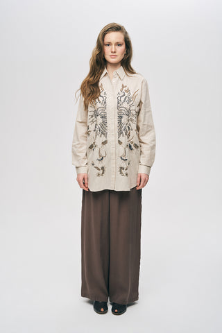 Kadın El İşçiliği Etnik Nakışlı ve Boncuklu Oversize Gömlek