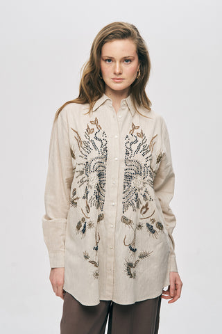 Kadın El İşçiliği Etnik Nakışlı ve Boncuklu Oversize Gömlek