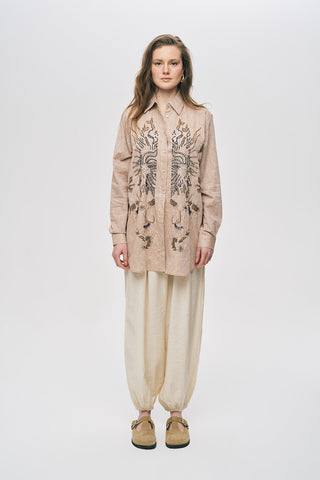 Kadın El İşçiliği Etnik Nakışlı ve Boncuklu Oversize Gömlek