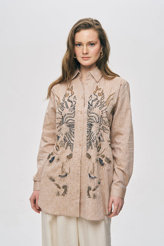 Kadın El İşçiliği Etnik Nakışlı ve Boncuklu Oversize Gömlek