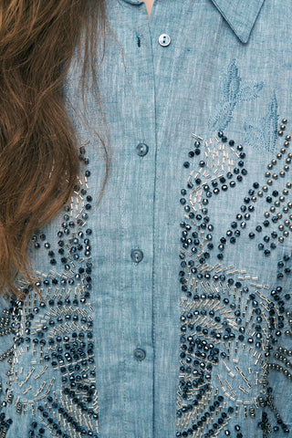 Kadın El İşçiliği Etnik Nakışlı ve Boncuklu Oversize Gömlek