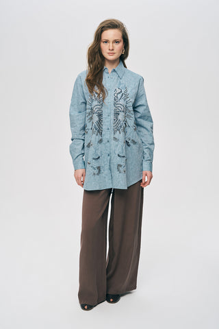 Kadın El İşçiliği Etnik Nakışlı ve Boncuklu Oversize Gömlek