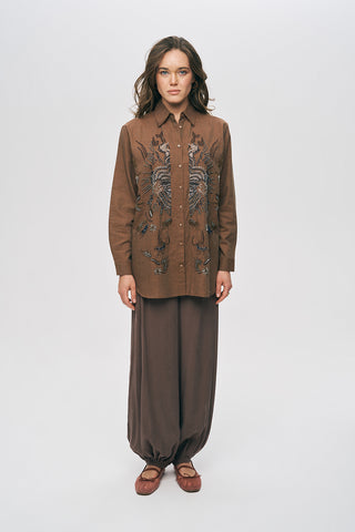 Kadın El İşçiliği Etnik Nakışlı ve Boncuklu Oversize Gömlek