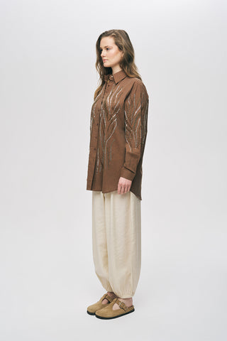 Kadın Dikey Dalgalı Boncuk Nakışlı Oversize Gömlek