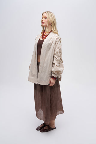 Kadın Sırtı ve Kolu Dikey Dalgalı Boncuk İşlemeli Oversize Kimono