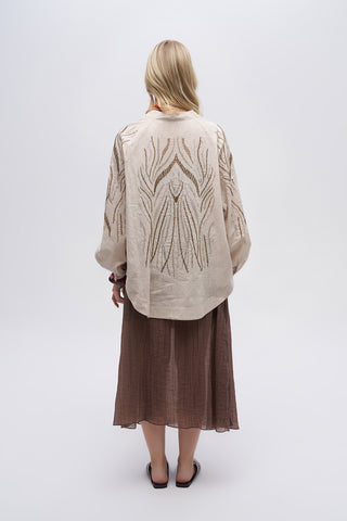 Kadın Sırtı ve Kolu Dikey Dalgalı Boncuk İşlemeli Oversize Kimono
