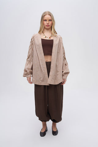 Kadın Sırtı ve Kolu Dikey Dalgalı Boncuk İşlemeli Oversize Kimono