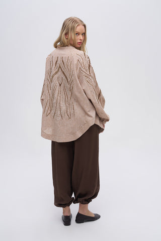 Kadın Sırtı ve Kolu Dikey Dalgalı Boncuk İşlemeli Oversize Kimono