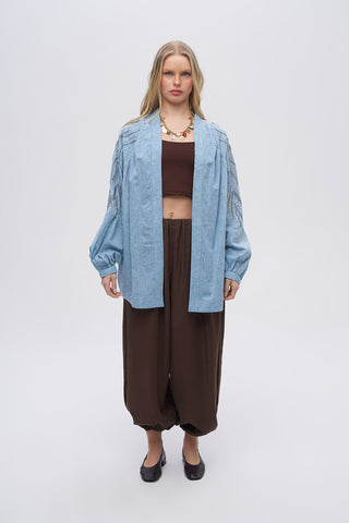 Kadın Sırtı ve Kolu Dikey Dalgalı Boncuk İşlemeli Oversize Kimono