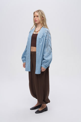 Kadın Sırtı ve Kolu Dikey Dalgalı Boncuk İşlemeli Oversize Kimono