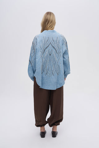 Kadın Sırtı ve Kolu Dikey Dalgalı Boncuk İşlemeli Oversize Kimono