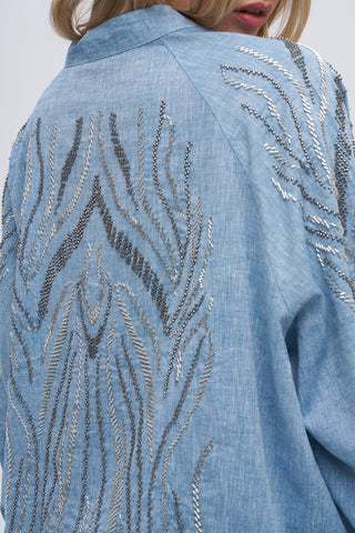 Kadın Sırtı ve Kolu Dikey Dalgalı Boncuk İşlemeli Oversize Kimono