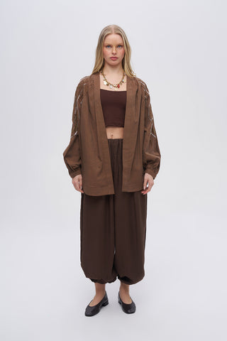 Kadın Sırtı ve Kolu Dikey Dalgalı Boncuk İşlemeli Oversize Kimono
