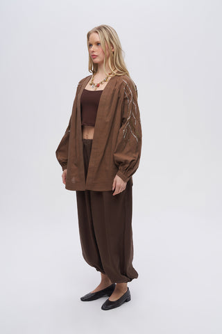 Kadın Sırtı ve Kolu Dikey Dalgalı Boncuk İşlemeli Oversize Kimono